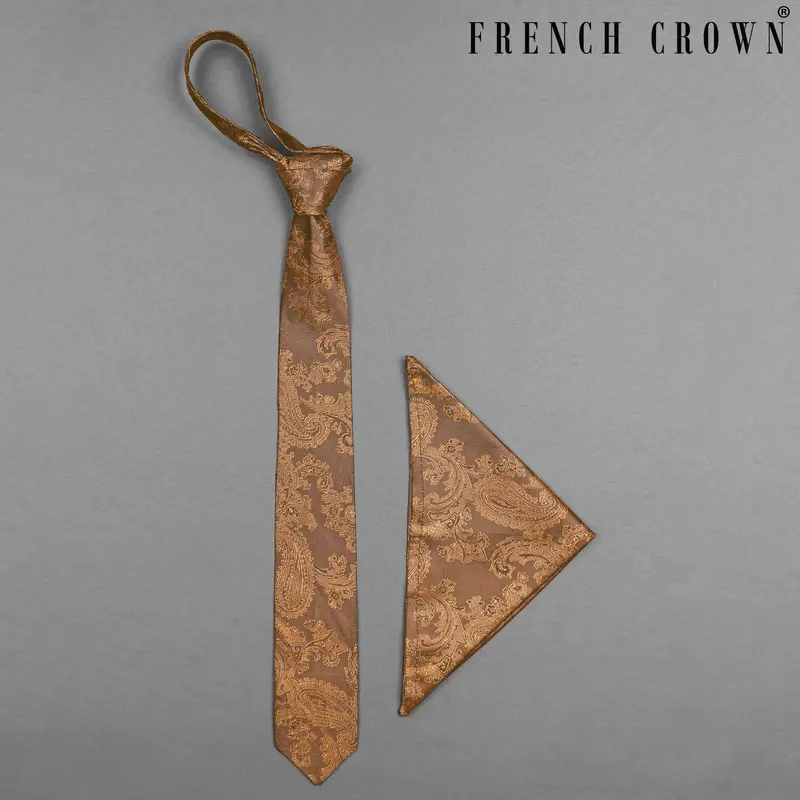Muesli Copper And Eclipse Brown Two Tone Paisley Jacquard Tie With Pocket Square 1