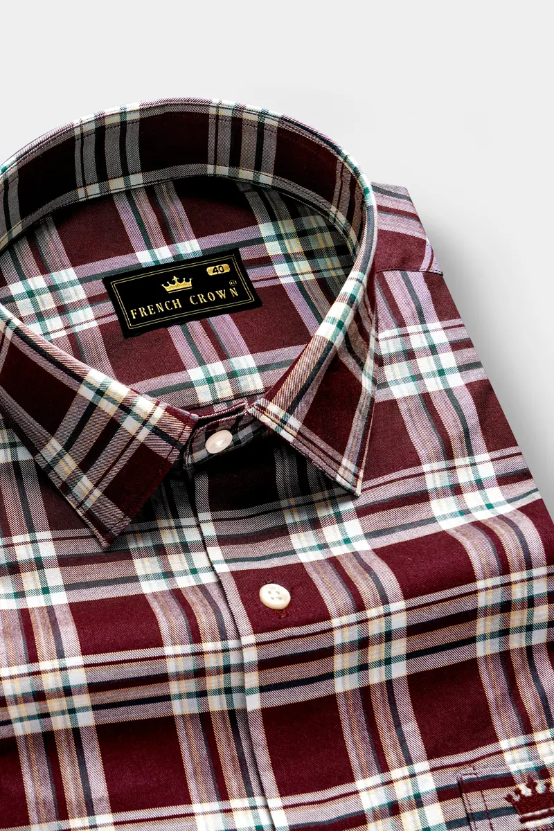 Mulberry-Aubergine Maroon Plaid Twill Premium Cotton Semi Formal Shirt 1