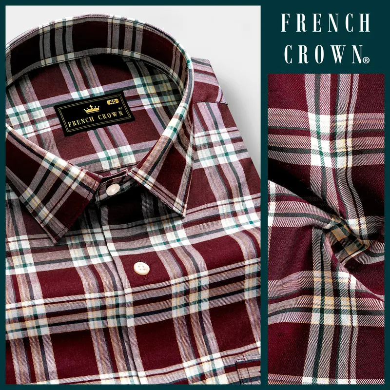 Mulberry-Aubergine Maroon Plaid Twill Premium Cotton Semi Formal Shirt 8
