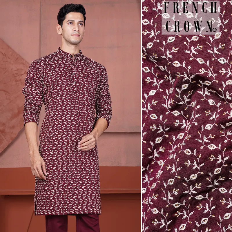 Mulberry Maroon Viscose Ditsy Embroidered With Tikki Work Designer Kurta 1