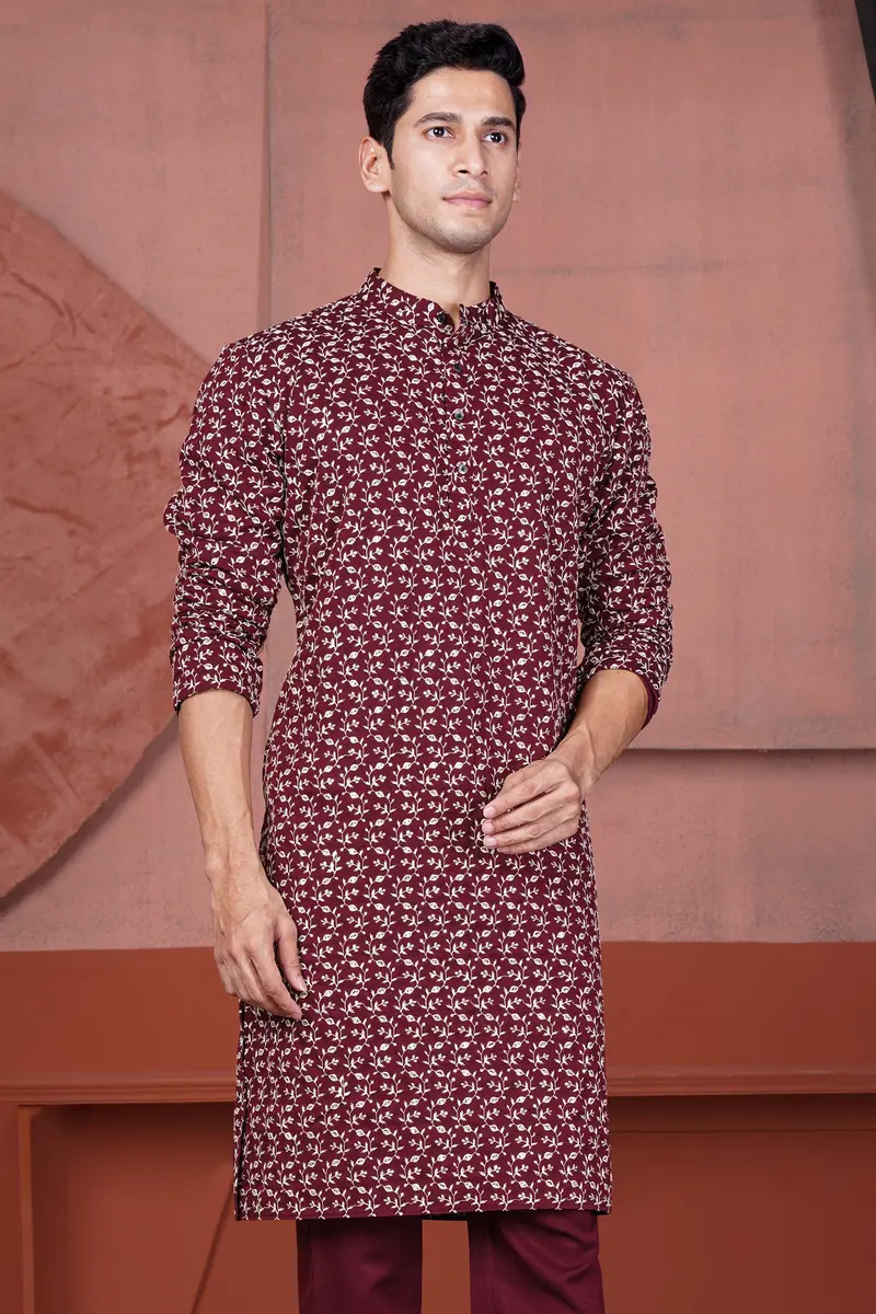 Mulberry Maroon Viscose Ditsy Embroidered With Tikki Work Designer Kurta 2