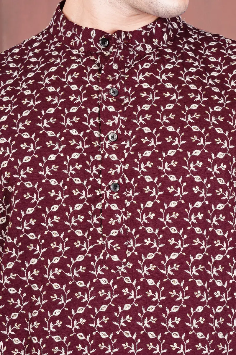 Mulberry Maroon Viscose Ditsy Embroidered With Tikki Work Designer Kurta 4