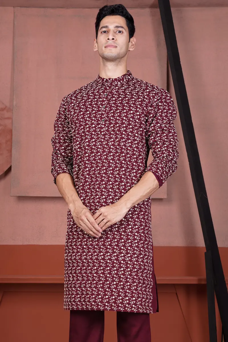 Mulberry Maroon Viscose Ditsy Embroidered With Tikki Work Designer Kurta 5