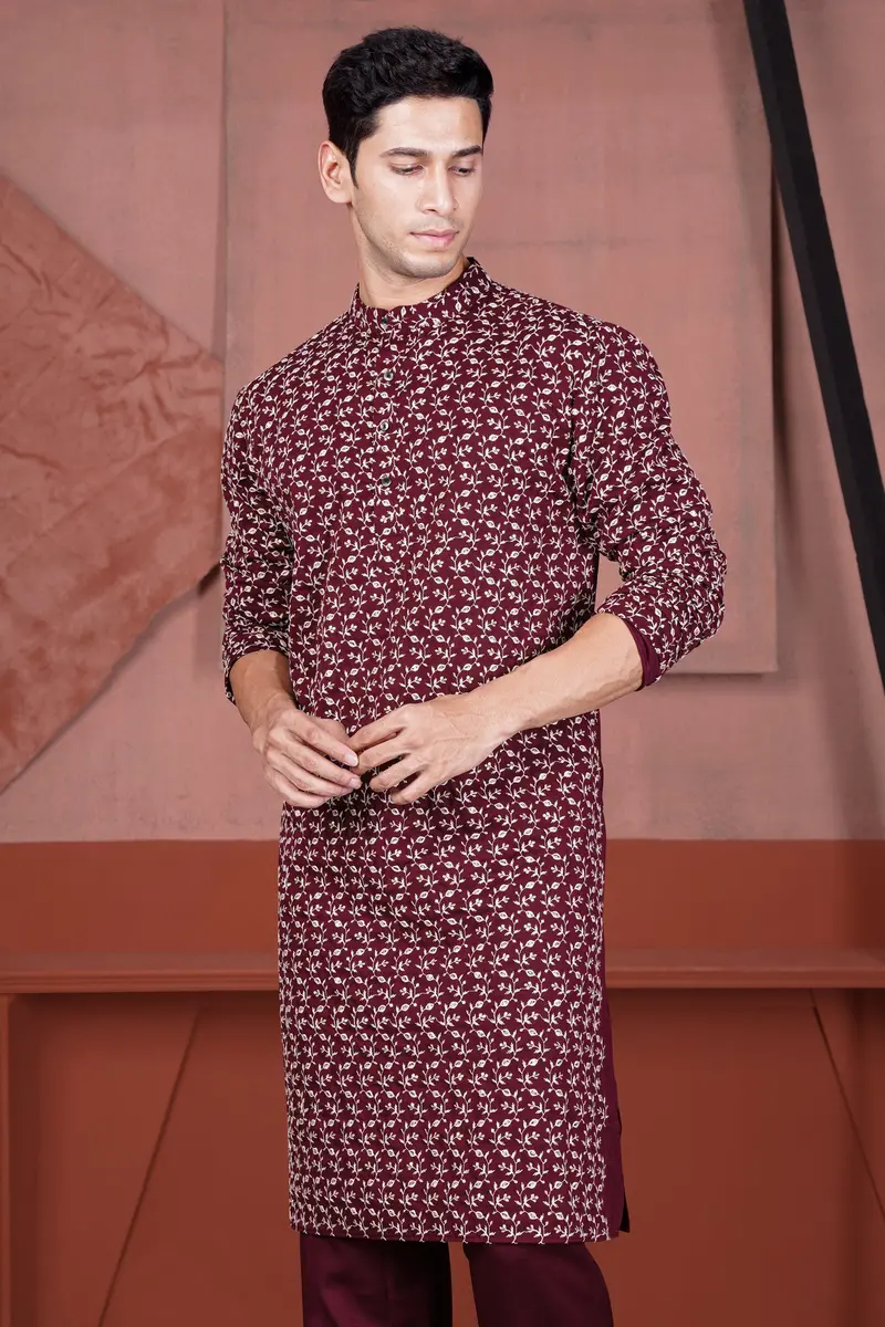 Mulberry Maroon Viscose Ditsy Embroidered With Tikki Work Designer Kurta 6
