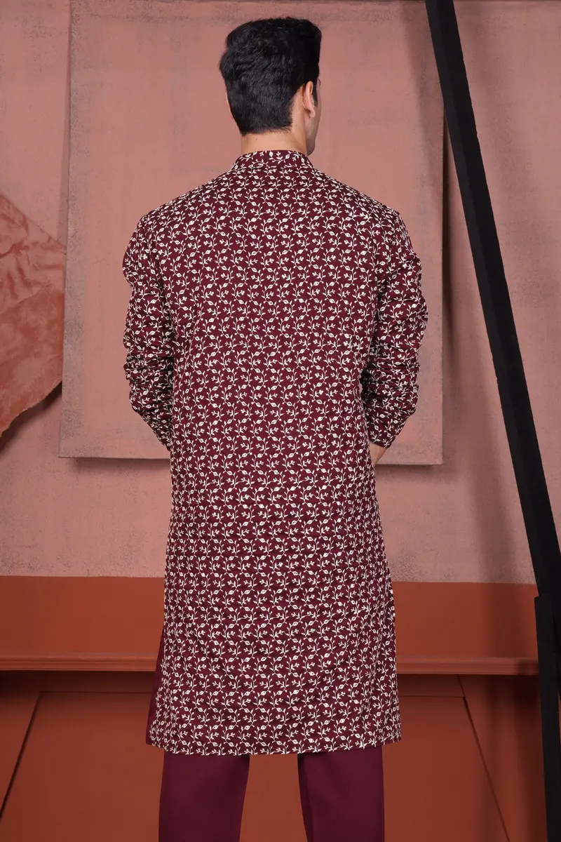 Mulberry Maroon Viscose Ditsy Embroidered With Tikki Work Designer Kurta 7