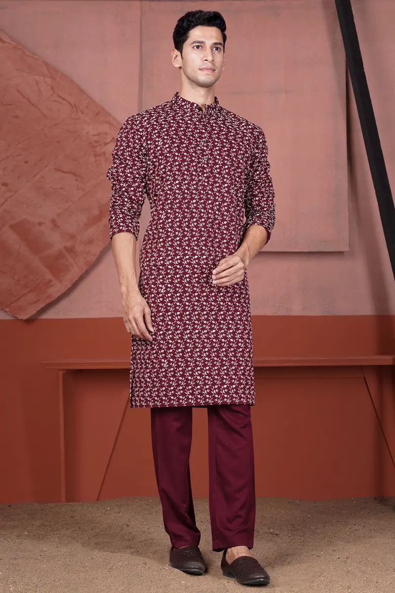 Mulberry Maroon Viscose Ditsy Embroidered With Tikki Work Designer Kurta 8