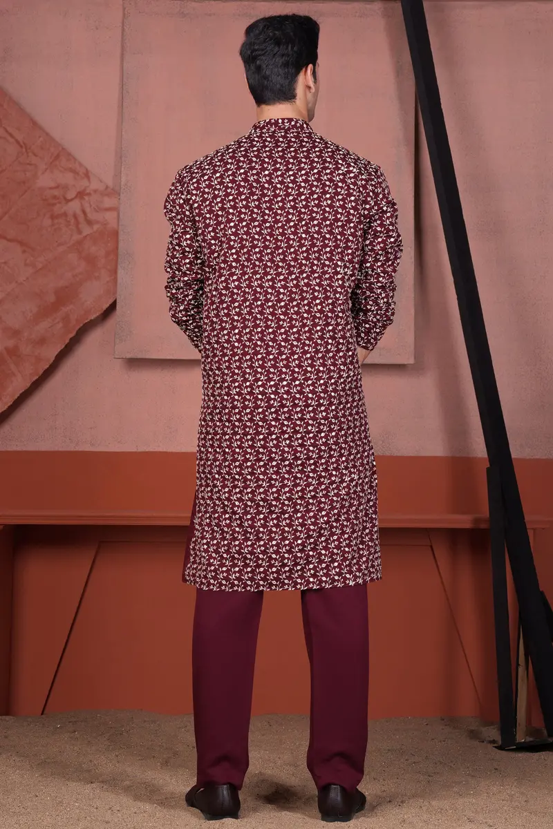 Mulberry Maroon Viscose Ditsy Embroidered With Tikki Work Designer Kurta 9