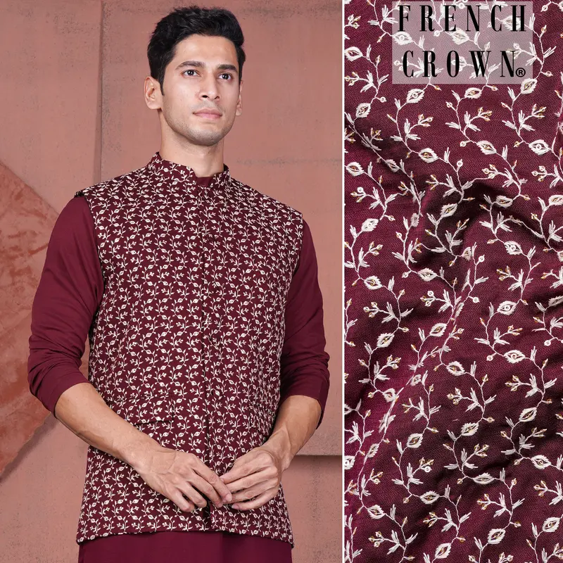 Mulberry Maroon Viscose Ditsy Embroidered With Tikki Work Designer Nehru Jacket 1