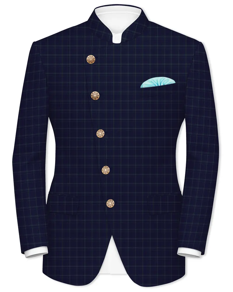 Mulled Wine Blue With Casper Gray Checkered Cross Placket Bandhgala Blazer 1