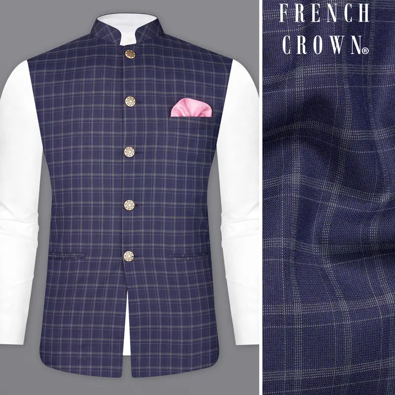 Mulled Wine Blue With Casper Gray Checkered Nehru Jacket 1