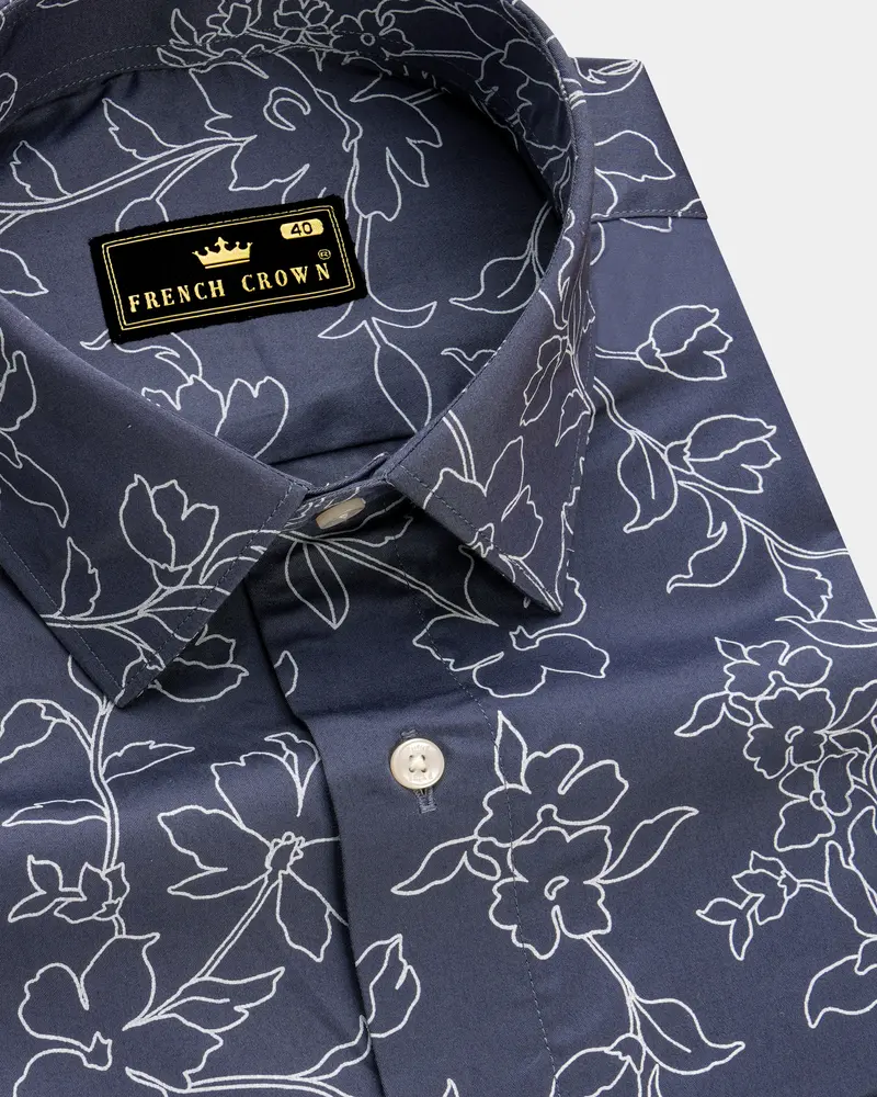 Mulled Wine Dark Gray And White Floral Printed Super Soft Premium Cotton Shirt 1