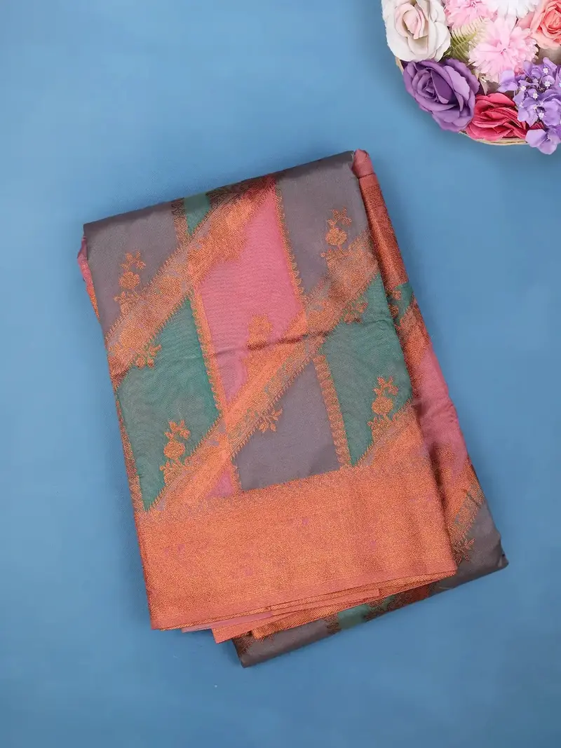 Multi-Color Diagonal Stripe Floral Design Tissue Silk Saree 1
