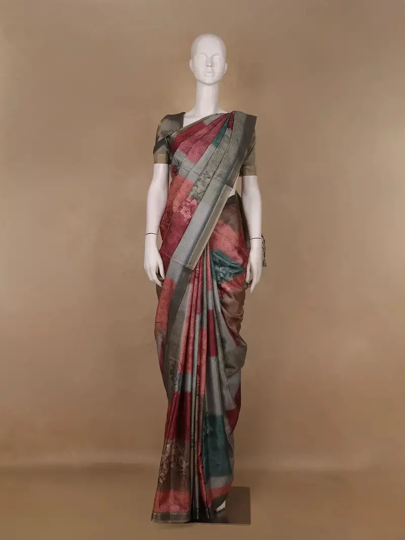 Multi Color Floral Printed Semi Tussar Saree 1