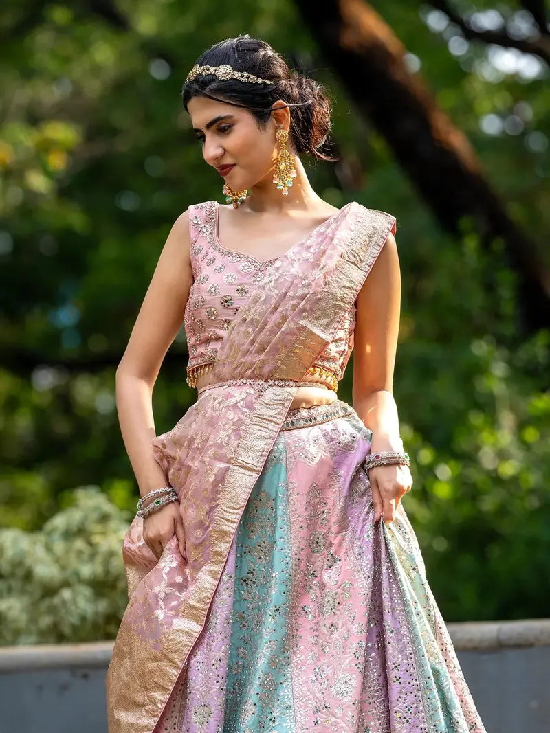 Multi Colour Banarasi Silk Mirror Work Bridesmaids Lehenga 1