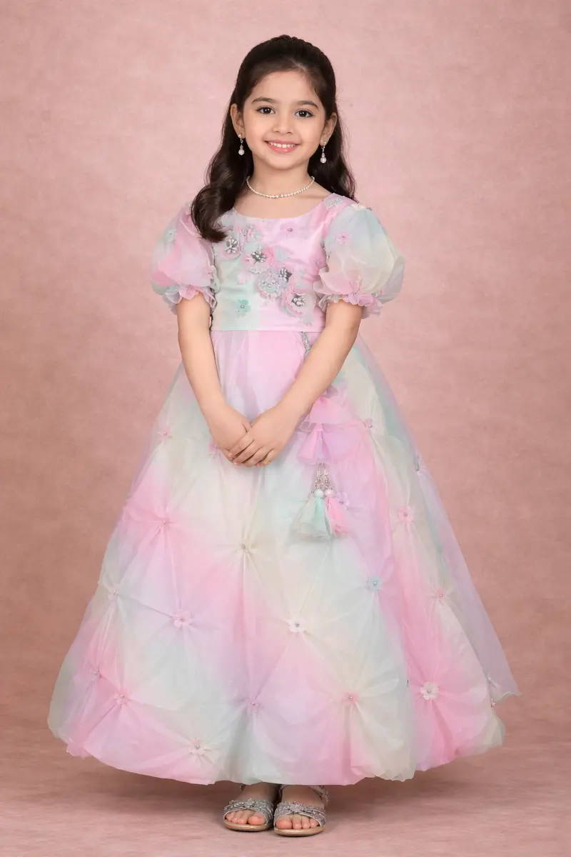Multicolor 3D Floral Embellishments Organza Kids Lehenga 1