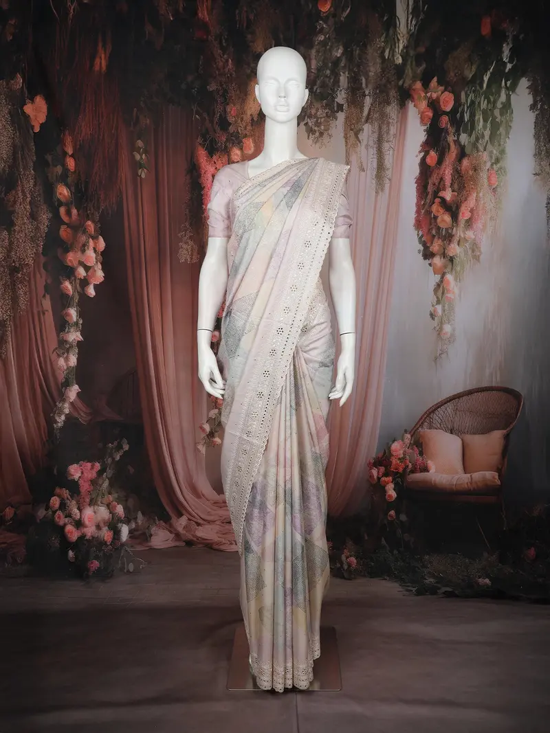 Multicolor Abstract Printed Design Tussar Saree With Embroidered Lace Border 1
