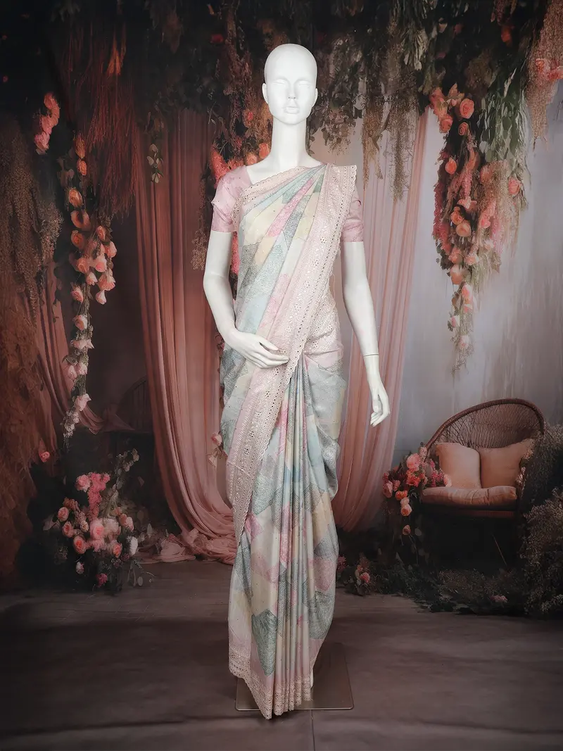 Multicolor Abstract Printed Design Tussar Saree With Embroidered Lace Border 1