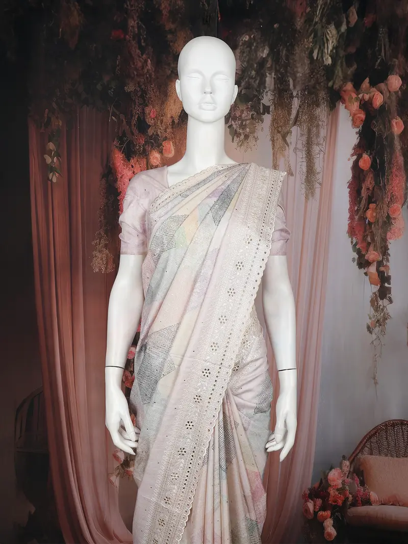 Multicolor Abstract Printed Design Tussar Saree With Embroidered Lace Border 2