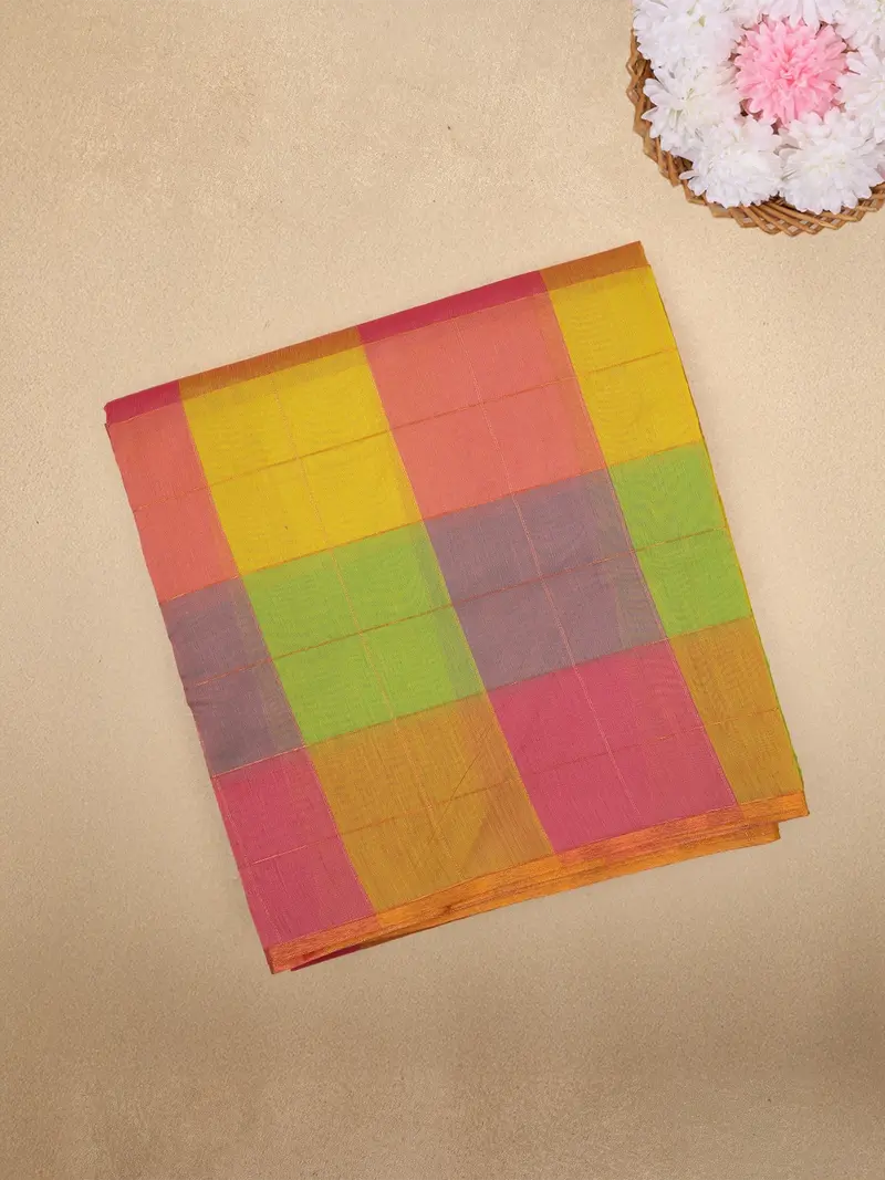 Multicolor Checked Design Cotton Saree With Contrast Border 1