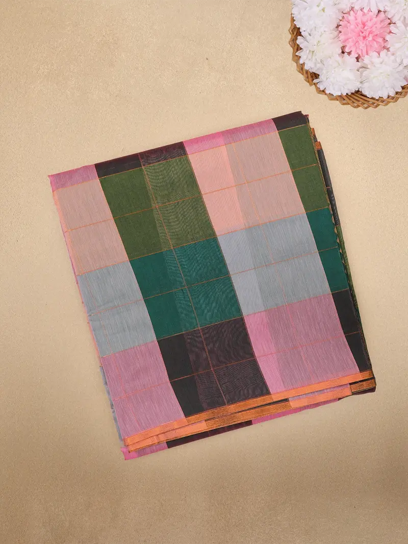 Multicolor Checked Design Cotton Saree With Contrast Border 1