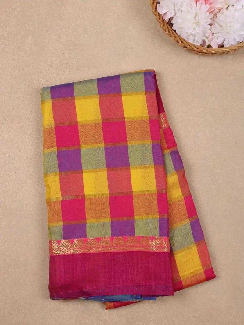 Multicolor Checked Design Woven Semi Silk Fancy Saree 1