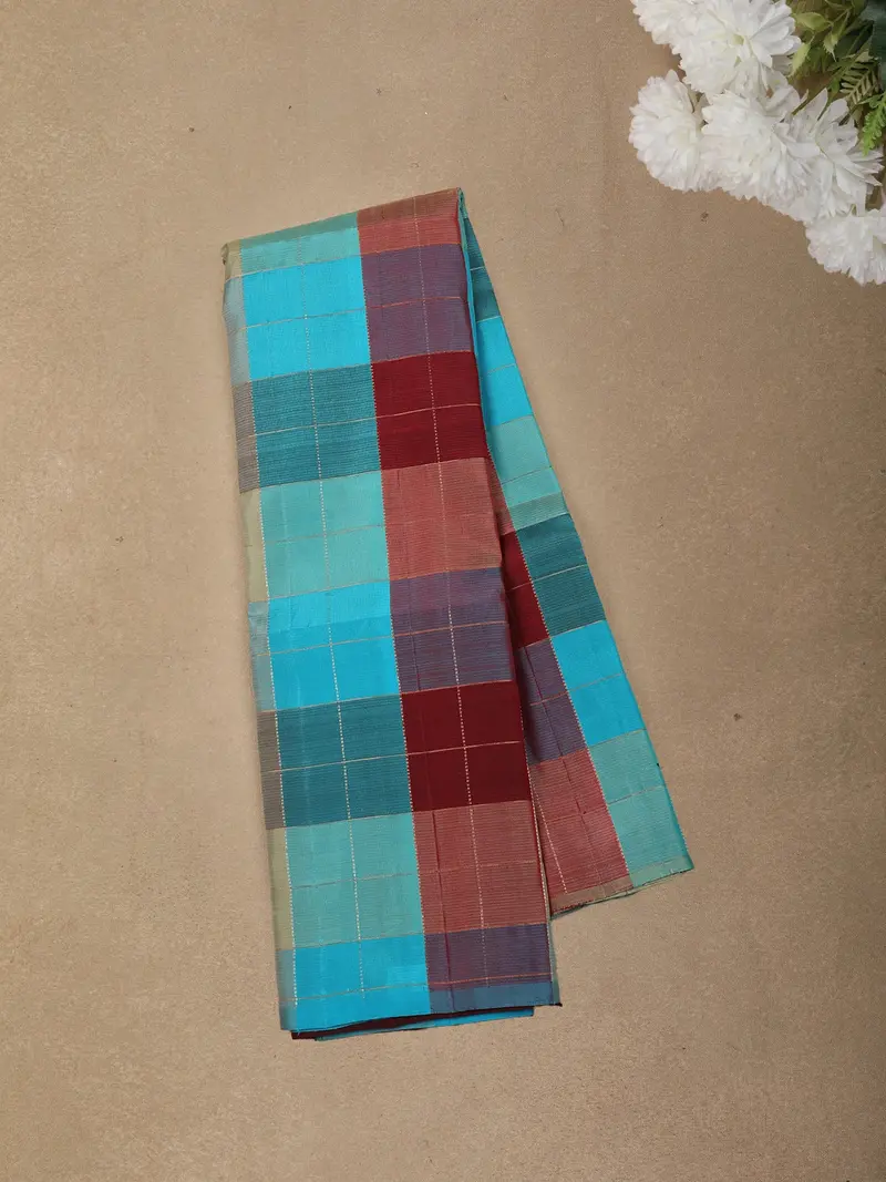Multicolor Checked Woven Design Kanchipuram Silk Saree With Self Border 1