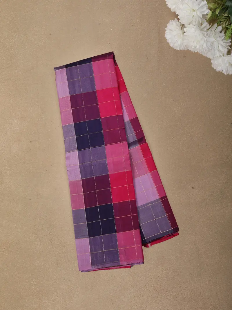 Multicolor Checked Woven Design Kanchipuram Silk Saree With Self Border 1