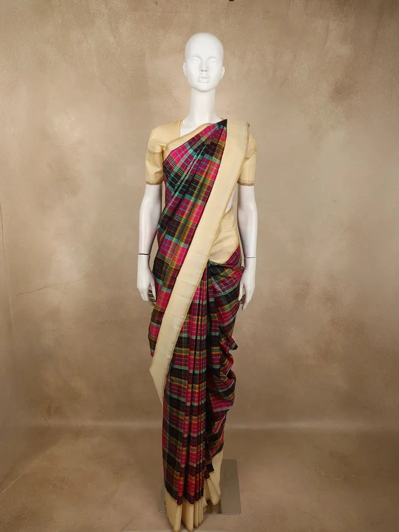 Multicolor Checked Woven Design Pure Kanchipuram Silk Saree With Contrast Border 1