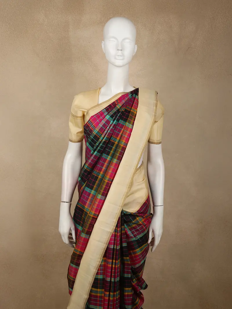 Multicolor Checked Woven Design Pure Kanchipuram Silk Saree With Contrast Border 2