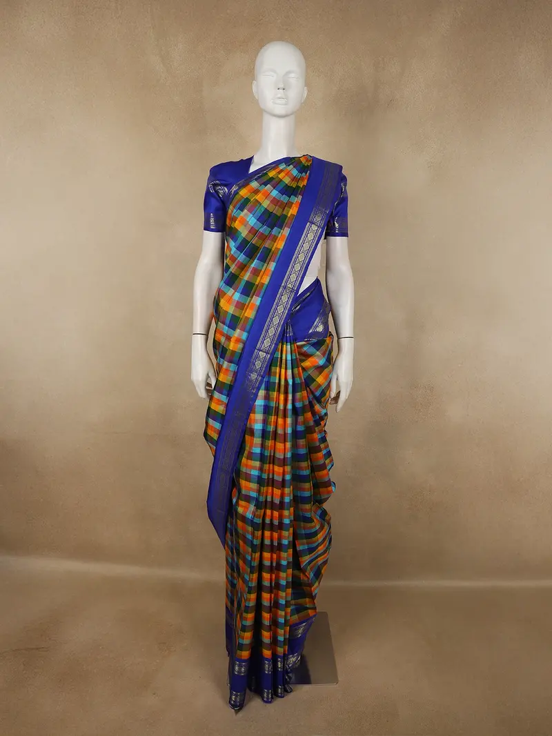 Multicolor Checked Woven Design Pure Kanchipuram Silk Saree With Contrast Zari Border 1