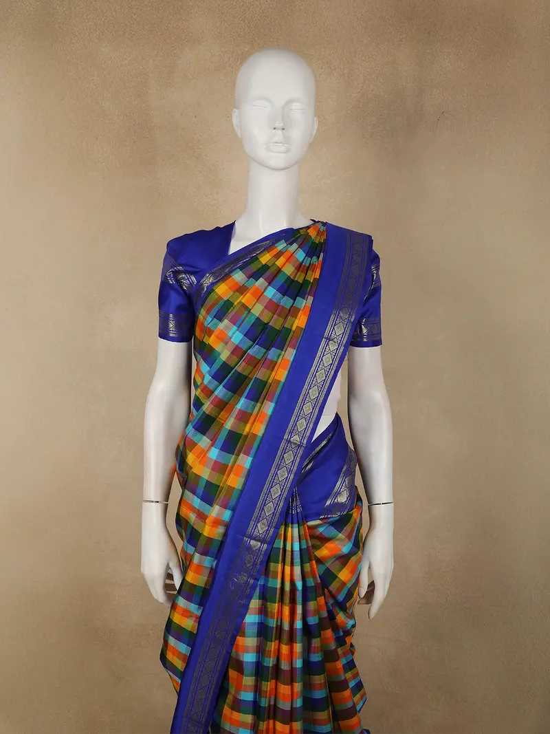 Multicolor Checked Woven Design Pure Kanchipuram Silk Saree With Contrast Zari Border 2