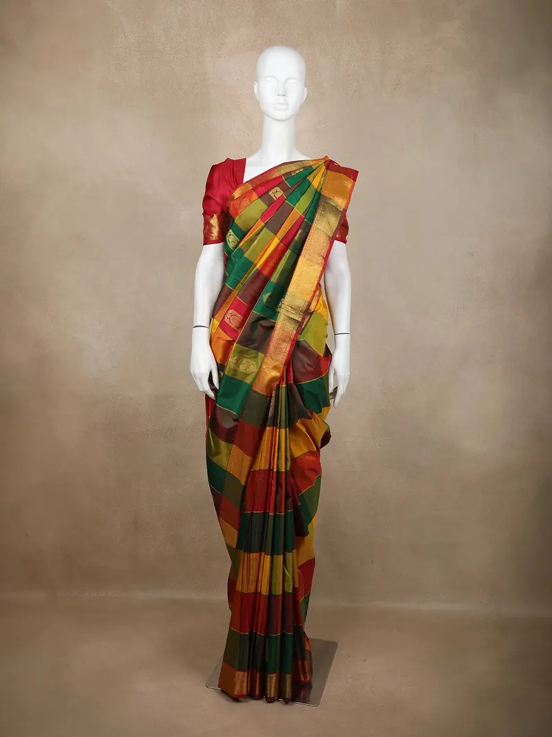 Multicolor Checked Woven Design Pure Kanchipuram Silk Saree With Zari Woven Border 1
