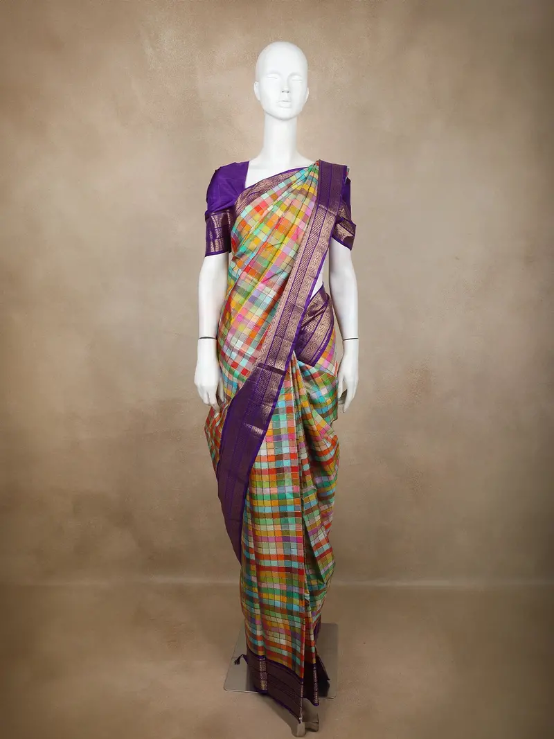 Multicolor Checked Woven Pure Kanchipuram Silk Saree With Contrast Purple Zari Border 1