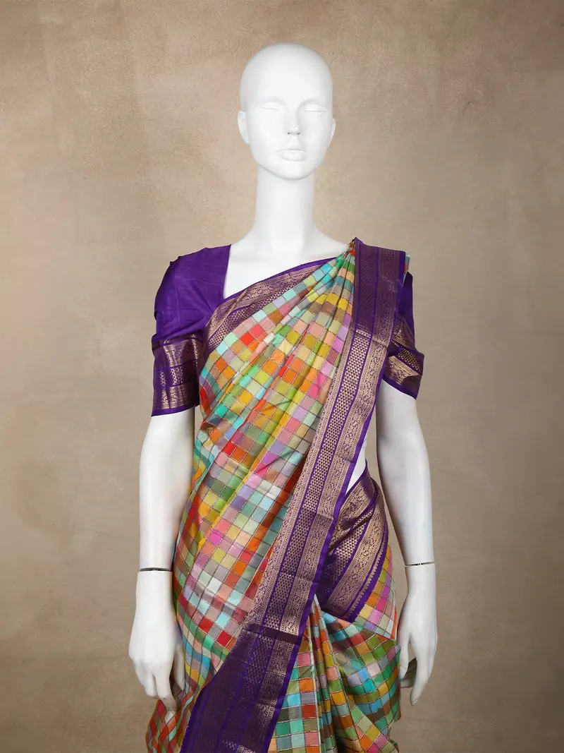 Multicolor Checked Woven Pure Kanchipuram Silk Saree With Contrast Purple Zari Border 2