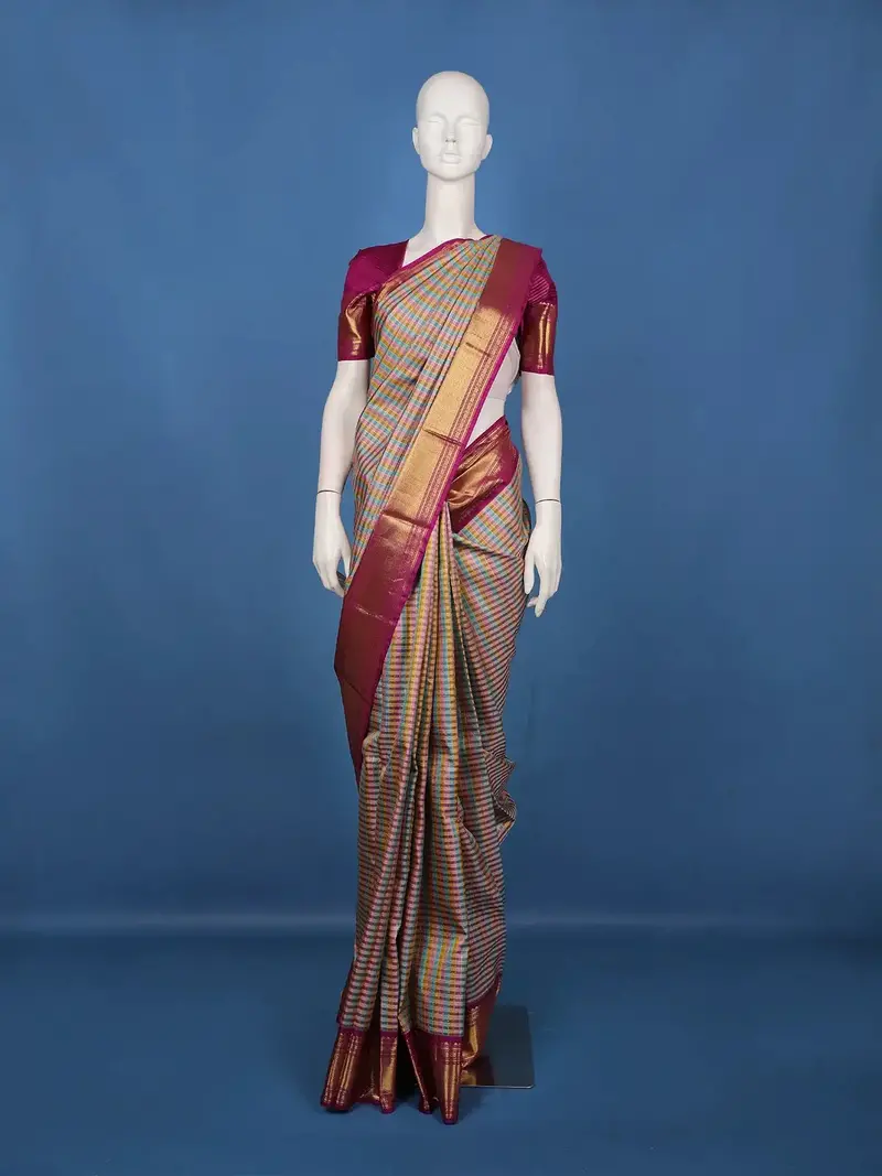 Multicolor Checkered Woven Korvai Pure Kanchipuram Silk Saree 1
