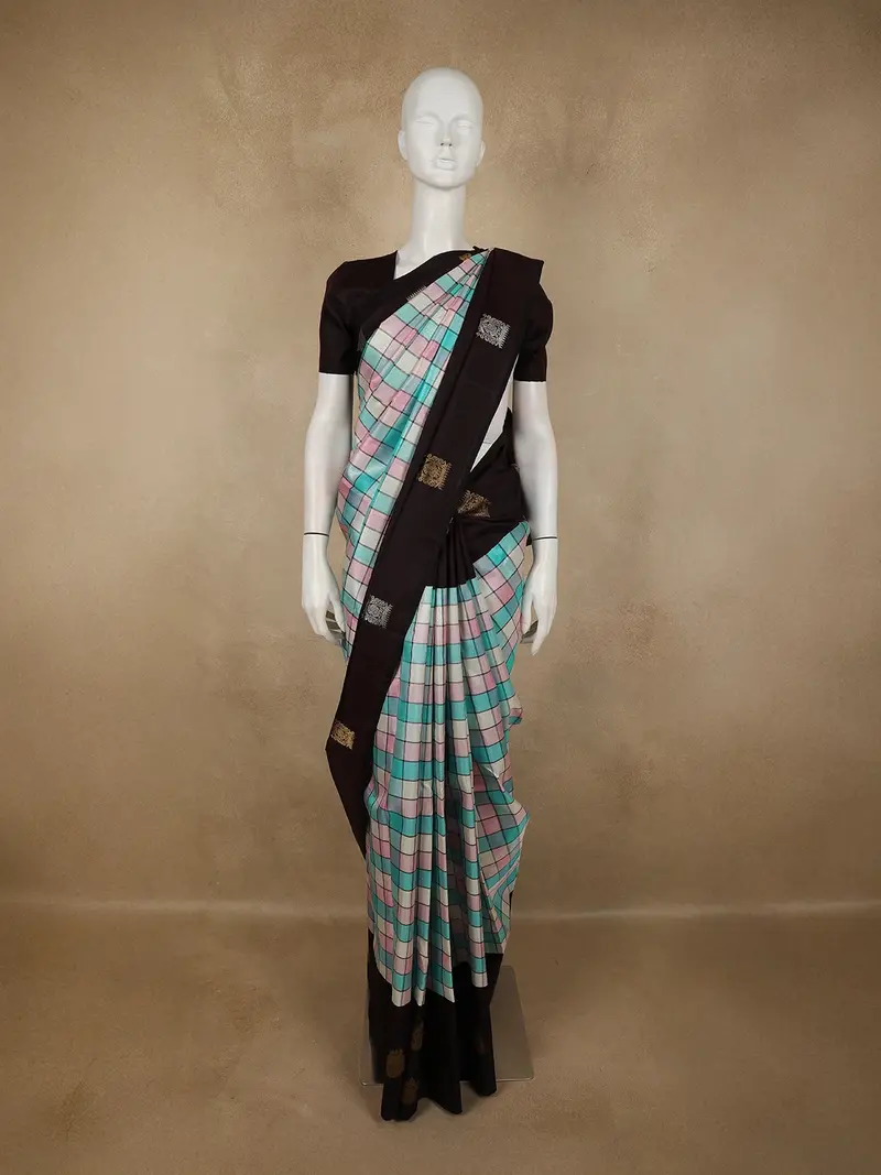 Multicolor Checks Woven Design Pure Kanchipuram Silk Saree With Contrast Zari Border 1