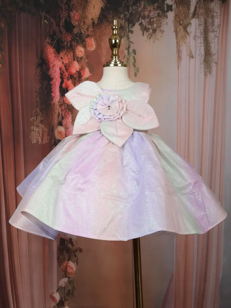 Multicolor Flared Design Organza Party Frock With Oversized Floral Bow 1