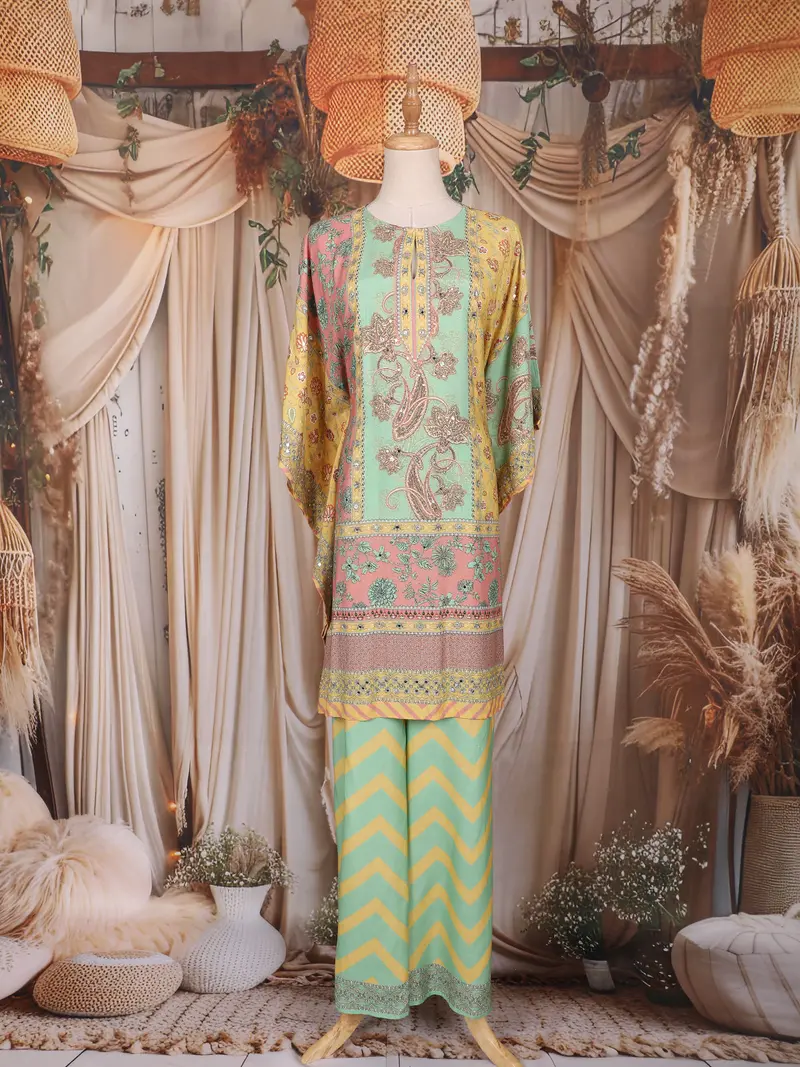 Multicolor Floral Design Crepe Kaftan Suit 1