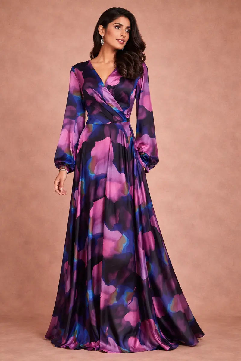 Multicolor Floral Print Satin Partywear Gown 1