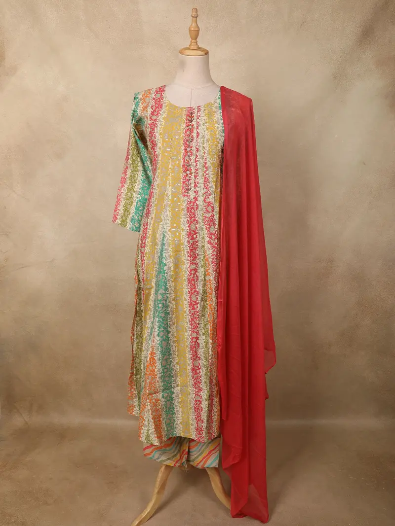 Multicolor Floral Printed Design Cotton Straight Cut Salwar Suit With Dupatta 1