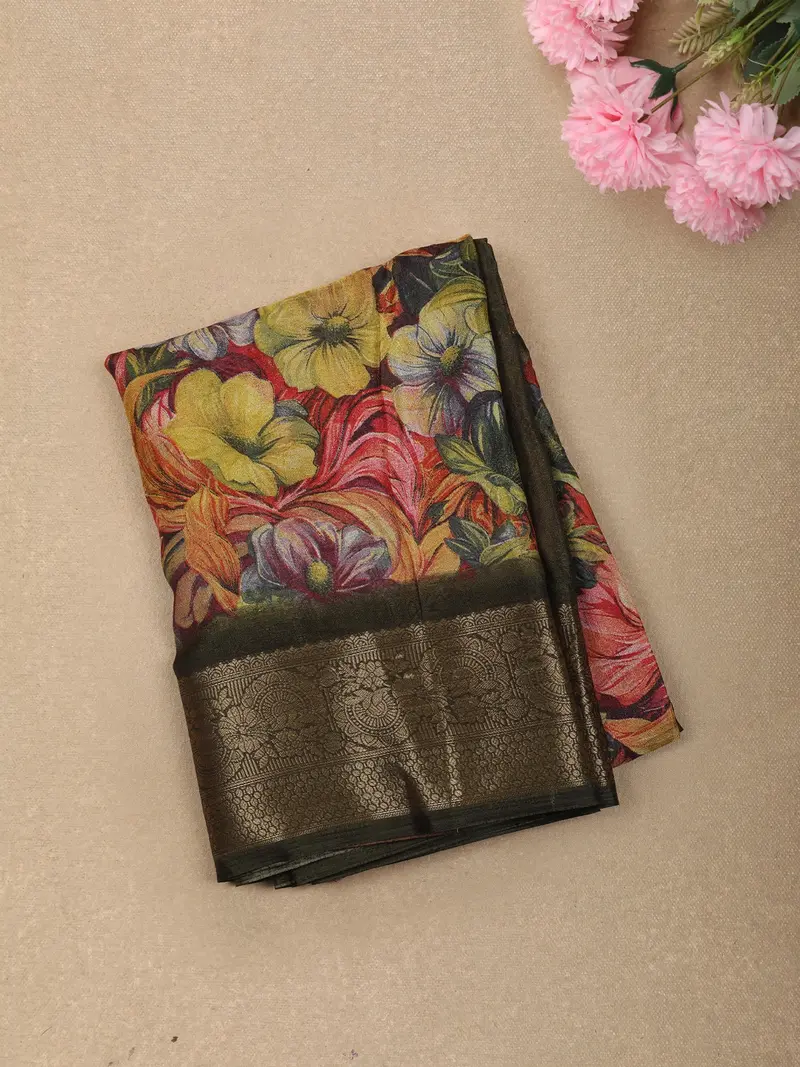 Multicolor Floral Printed Design Crepe Silk Casual Wear Saree With Contrast Zari Border 1