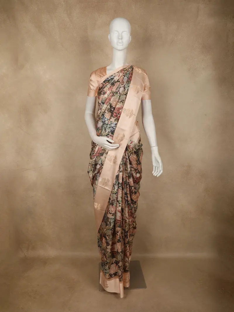 Multicolor Floral Printed Design Pure Crepe Silk Saree With Contrast Border 1
