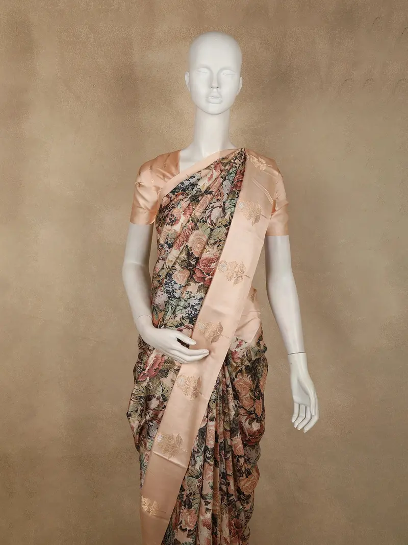 Multicolor Floral Printed Design Pure Crepe Silk Saree With Contrast Border 2