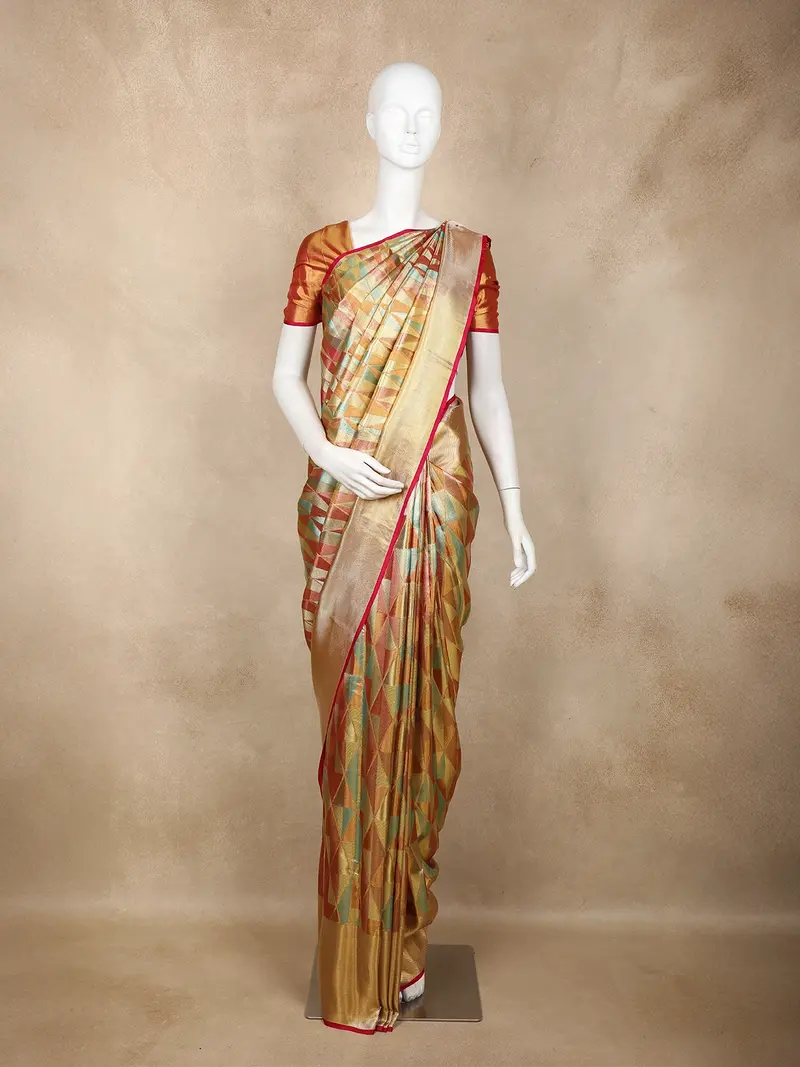 Multicolor Geometric Woven Design Pure Kanchipuram Silk Saree With Contrast Pink Border 1