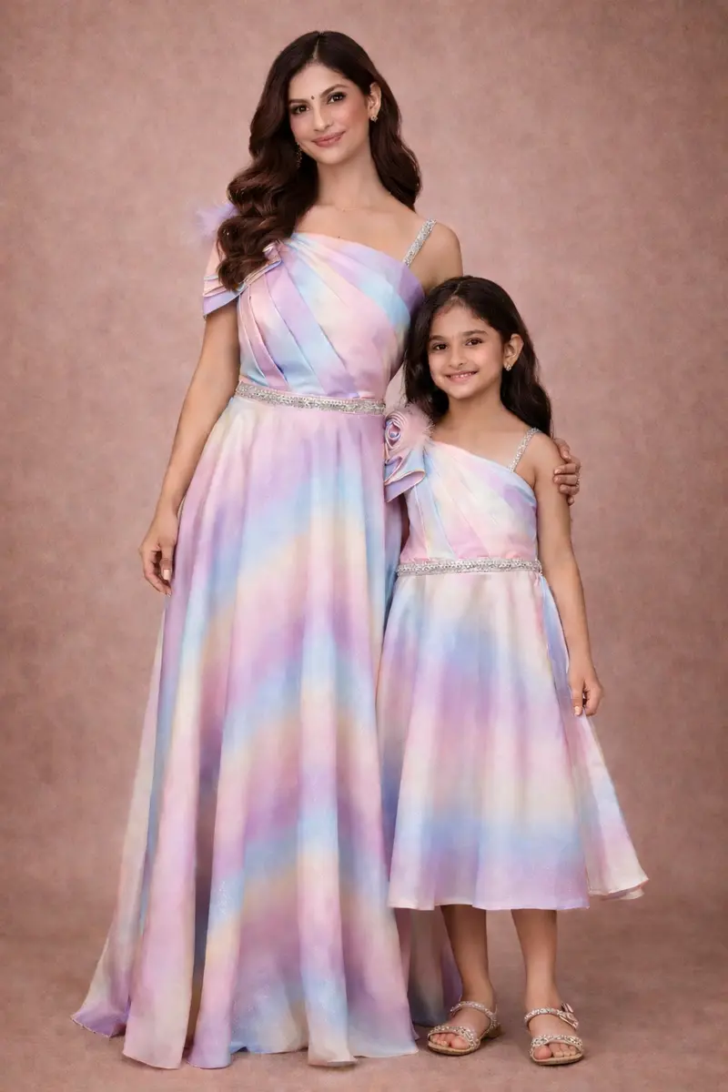 Multicolor Organza Party Wear Gowns For Mother & Daughter 1