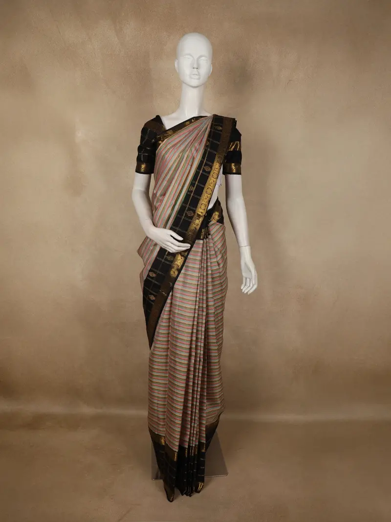 Multicolor Pastel Stripes Woven Design Pure Kanchipuram Silk Saree With Contrast Zari Border 1