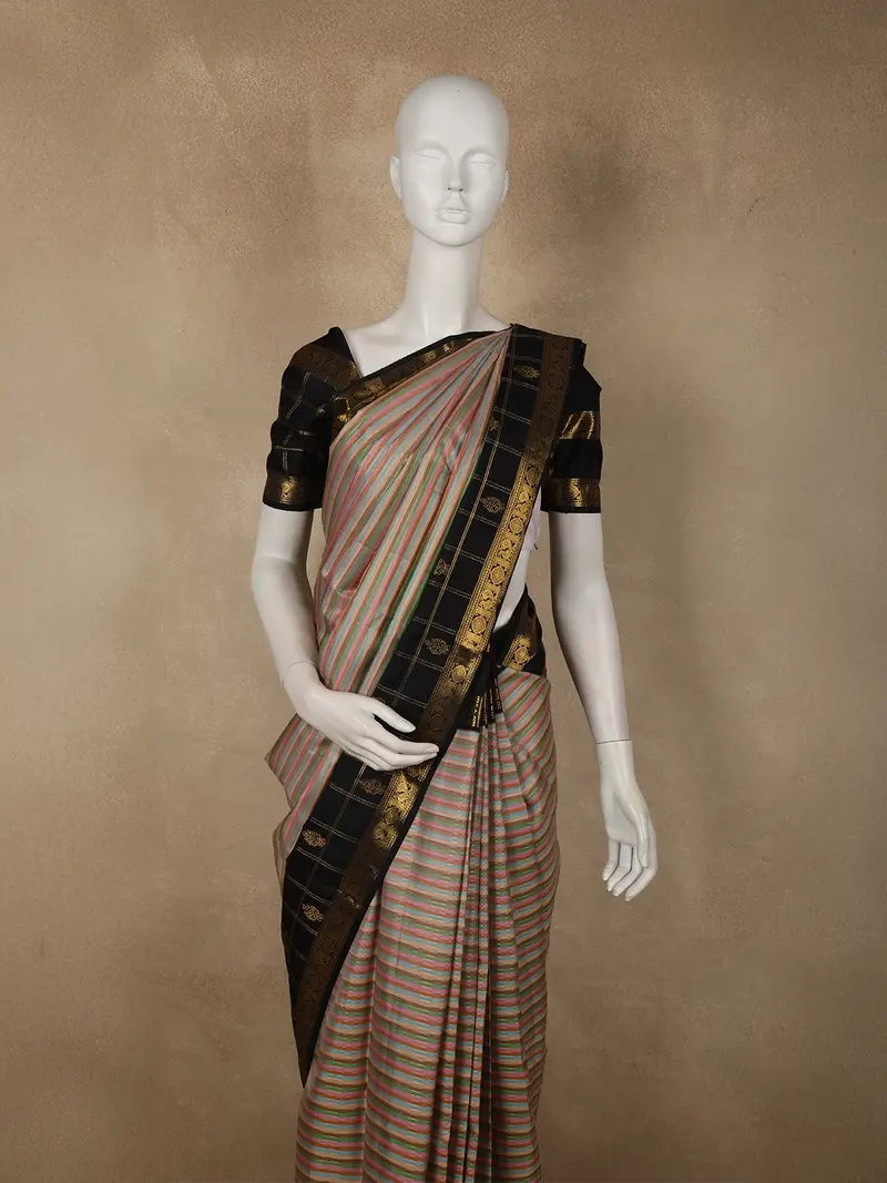 Multicolor Pastel Stripes Woven Design Pure Kanchipuram Silk Saree With Contrast Zari Border 2