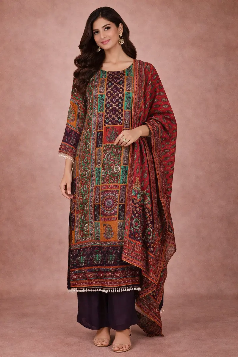 Multicolor Patchwork Print Synthetic Palazzo Salwar Suit 1