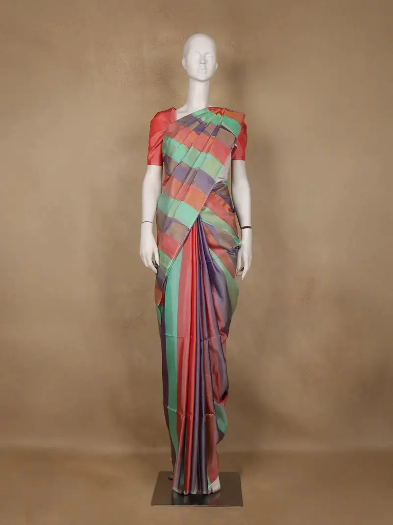 Multicolor Plain Striped Design Soft Silk Saree 1