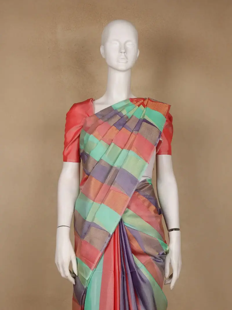 Multicolor Plain Striped Design Soft Silk Saree 2